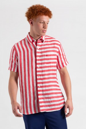 Ben Sherman B by Ben Sherman Candy Stripe Linen Short Sleeve Shirts Pink Red | 1058937-ZN