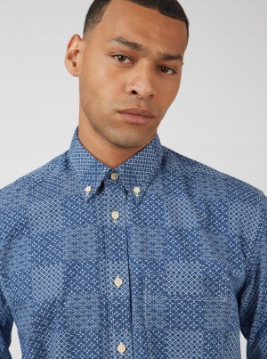 Ben Sherman Chambray Patchwork Geo Print Long-Sleeve Shirts Blue | 0369854-RH