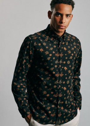 Ben Sherman Retro Floral Print Corduroy Shirts Black | 5972186-QB