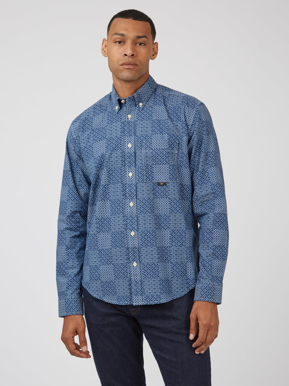 Ben Sherman Chambray Patchwork Geo Print Long-Sleeve Shirts Blue | 0369854-RH