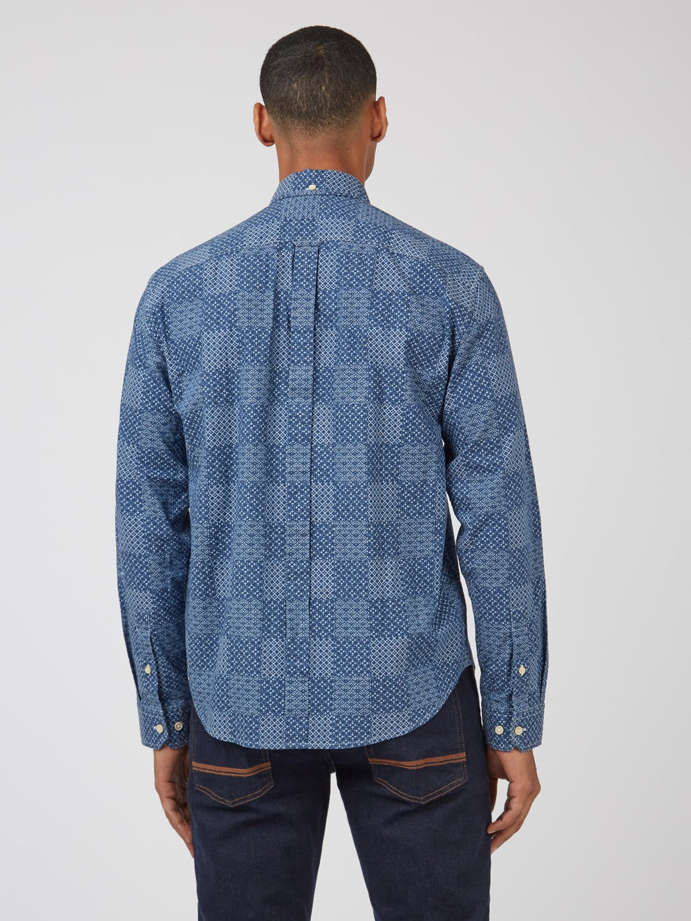 Ben Sherman Chambray Patchwork Geo Print Long-Sleeve Shirts Blue | 0369854-RH