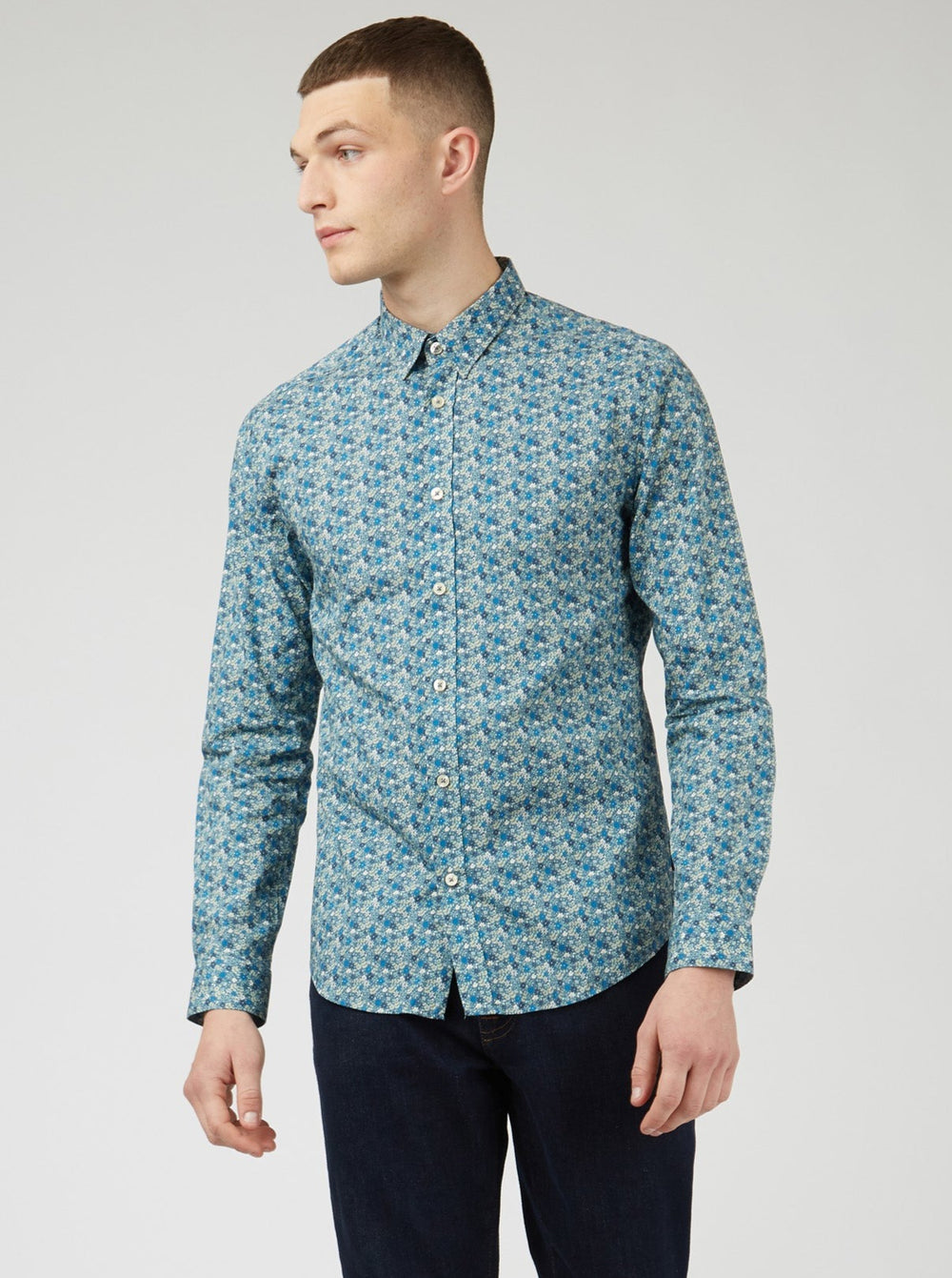 Ben Sherman Floral Print Long-Sleeve Shirts Blue Grey | 2936507-IA