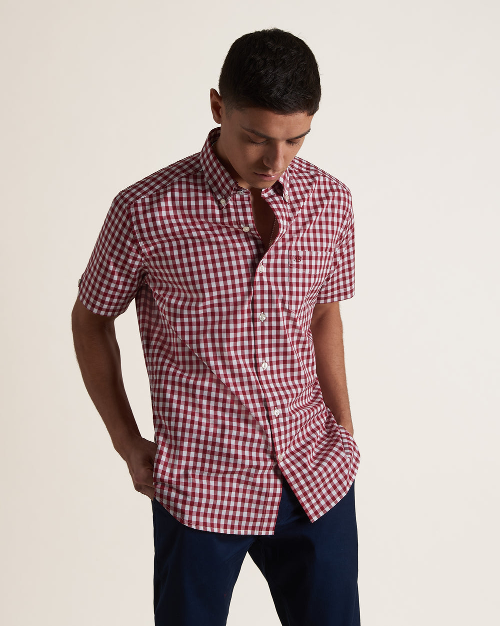 Ben Sherman Short Sleeve House Poplin Gingham Shirts Burgundy | 5087641-AO