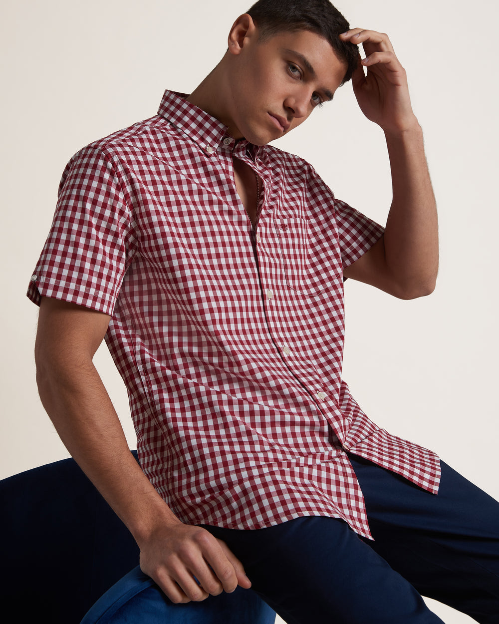 Ben Sherman Short Sleeve House Poplin Gingham Shirts Burgundy | 5087641-AO