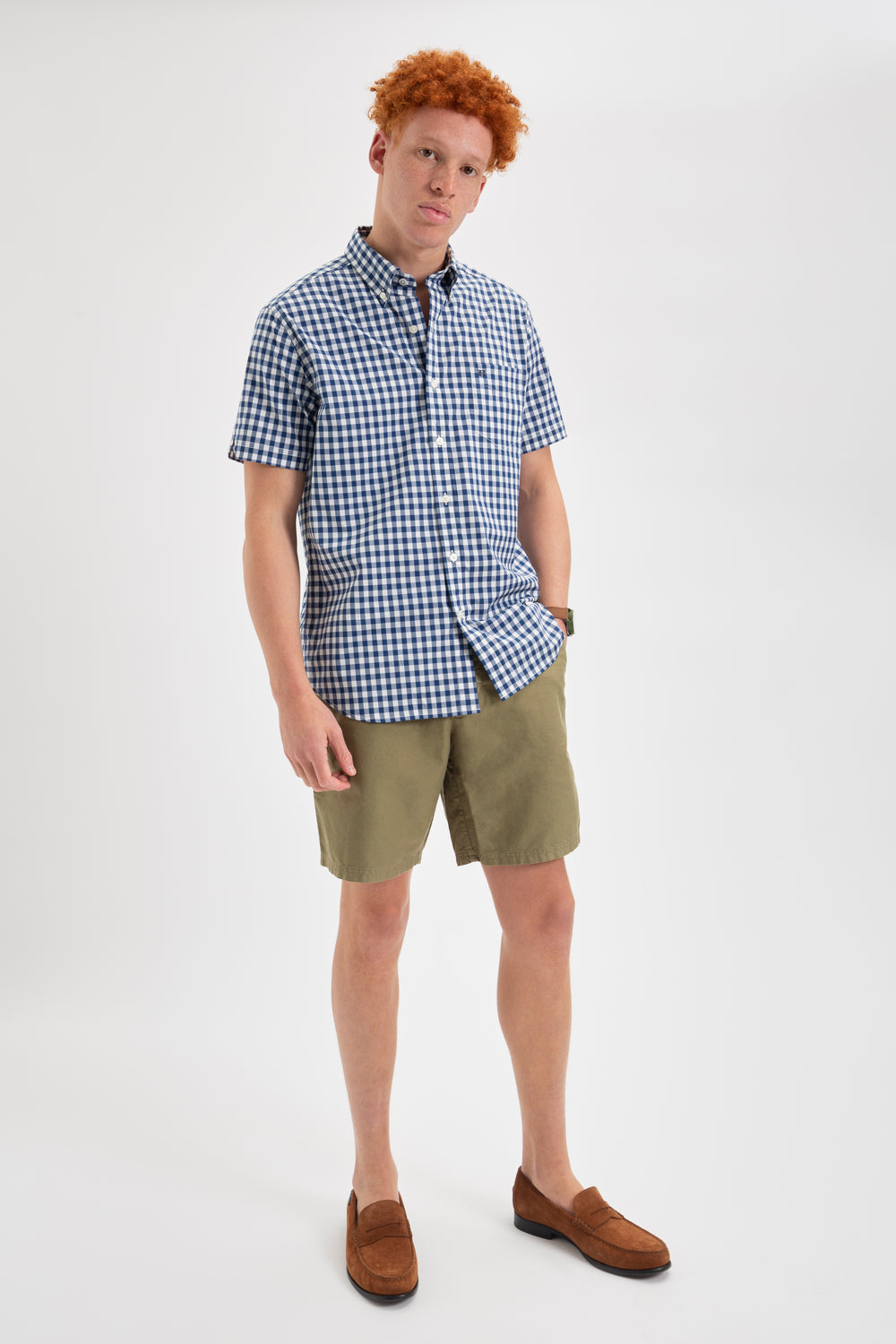 Ben Sherman Short Sleeve House Poplin Gingham Shirts Navy / Olive | 5164208-FC